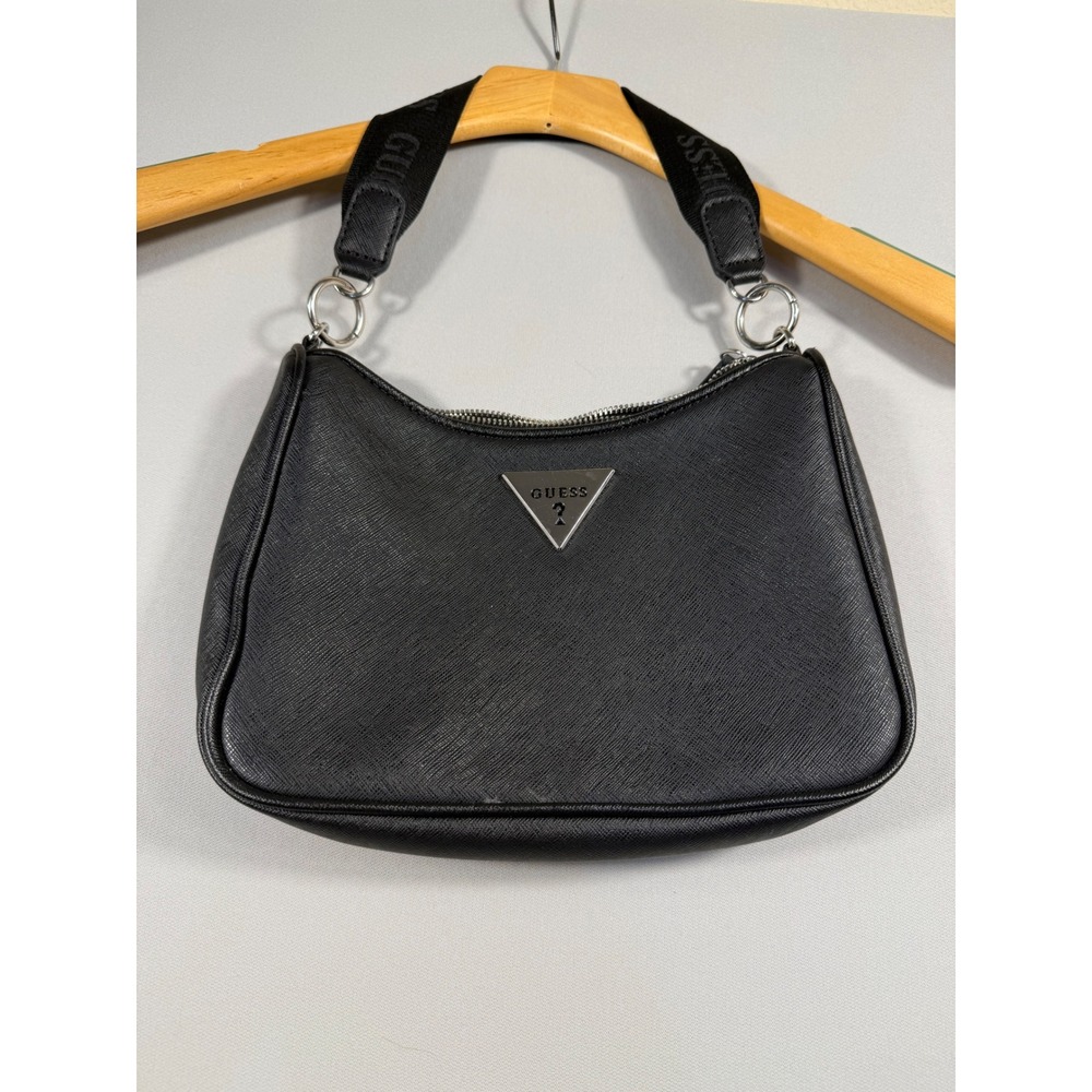 Guess Black Saffiano Faux Leather Shoulder Bag Branded Web Strap Silver Logo